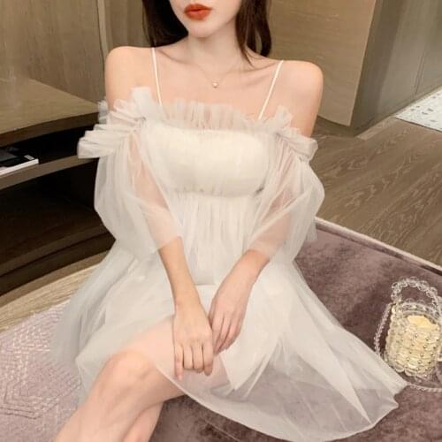 Summer Solid Sweet Strap Dress Women Elegant Slash Neck Princess Sexy Mini Dress Loose Pretty Party Korean Dress 2021
