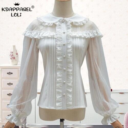 Sweet Lolita Chiffon Blouse Cute Girls Slimming Elegant Bottoming Shirt Ruffles Lace Transparent Shoulders Sleeves Women Party