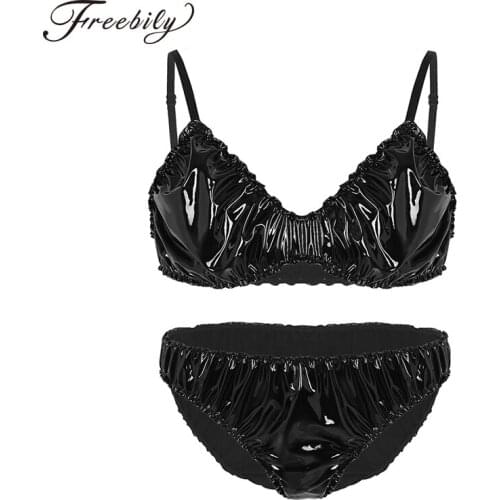 Fashion Men Sissy Faux Leather Ruffled Lingerie Set Adjustable Spaghetti Straps Bra Top with Briefs Underwear Gay Sexy Panties