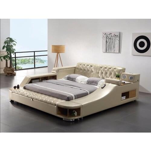 Genuine leather bed frame Soft Beds massager storage safe speaker LED light Bedroom cama muebles de dormitorio / camas quarto