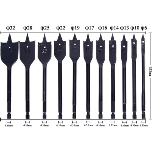 11Pcs 6-32mm Flat Drill Long High-carbon Steel Wood Flat Drill Set Woodworking Spade Drill Bits Durable Woodworking Tool Sets