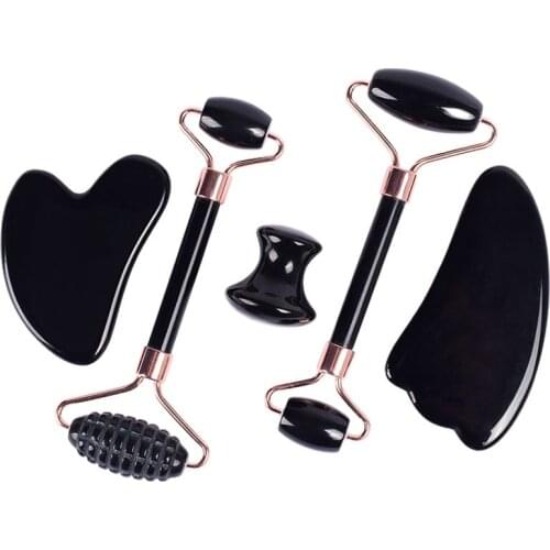 Jade Sawtooth Face Roller GuaSha Tool Set Natural Black Obsidian Crystal Stone Facial Care Massage Anti Wrinkle Cellulite Health