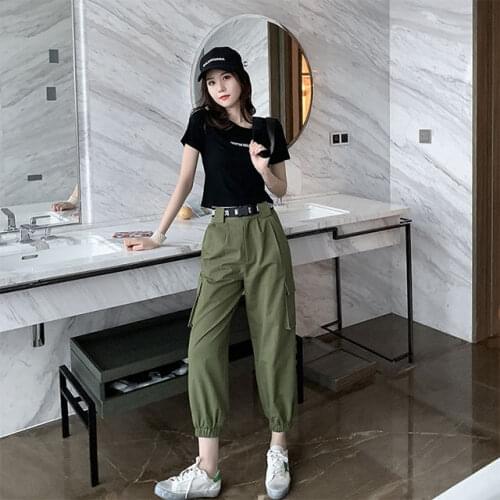 Autumn Streetwear womens pants embroidery Casual Cargo Pants Women Joggers Solid Big Pocket Pants High Waist Loose Female Pants