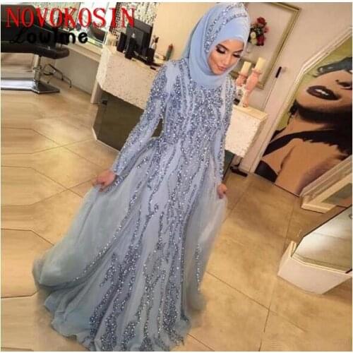 2019 Luxury Muslim Long Sleeve Crystal Mermaid Evening Party Dress Dubai Turkish Arabic Formal Gowns Vestido De Festa Avondjurk