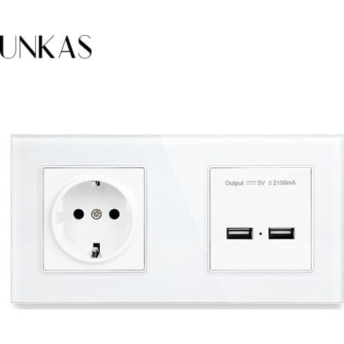 UNKAS Wall Crystal Glass Panel 2 Gang Power Socket Grounded 16A EU Electrical Outlet With Dual USB Smart Charging Port 5V 2A