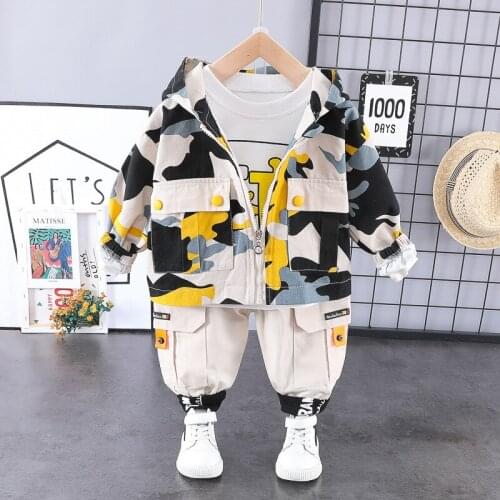 Fashion 3PCS Casual Jacket Baby New Kids Outfits1 2 3 4 Years Boy Hooded Camo Clothes Zip Coat Tshirt Trousers