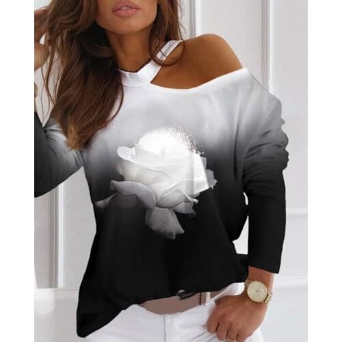 Spring Summer Womens Gradient Top 2021 New Femme Cold Shoulder Floral Print Blouse Ladies Casual Long Sleeve Loose Tee