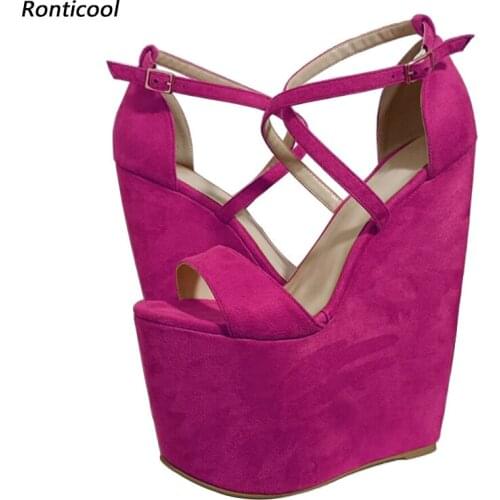 Rontic Women Summer Sandals Faux Suede Super High Wedges Heels Open Toe Gorgeous Fuchsia Redd Black Cosplay Shoes US Size 5-13