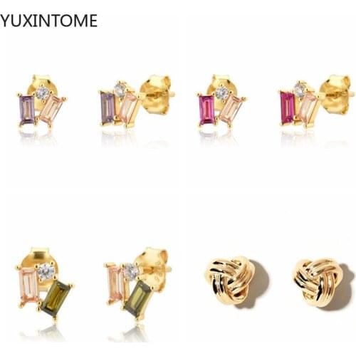 925 silver needle Earrings Dainty Square Colorful CZ Flower Shaped Stud Earrings for Women Minimalist Earrings Jewelry A30