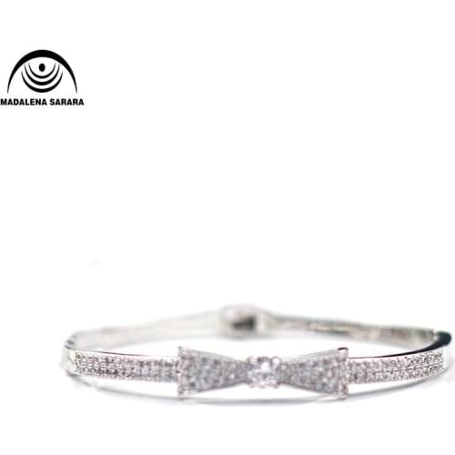 MADALENA SARARA AAAA Cubic Zirconia Pave Setting Girls Bangle Knot-bow Korean Design Personality Two Colors Options