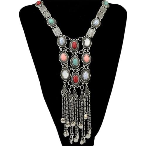 Retro Ethnic Style Long Tassel Sweater Chain Necklaces Lady Jewelry Exaggerated Women Bohemian Crystal Colorful Choker Bijou