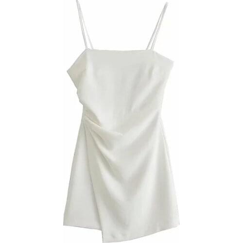 Korean 2021 summer womens new solid color pleated decorative Mini suspender dress dlqz2199