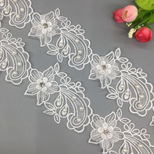 2 yards Lace Dress Ribbon Pearl 3D Flower Leaf Lace Trim Embroidered Fabric Sewing Craft For Costume Clothes Decoration 6.8cm