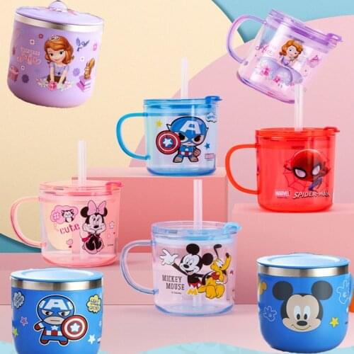 260ML Disney Cups Cartoon Water Cup Baby Straw Bottle Direct Drinking Milk Sippy Cup With Scale Heatable Stainless Steel Gift