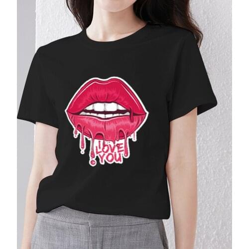 Womens T-shirt Black Classic Street Sexy Lip Pattern Series Printed Top Ladies Comfortable Short Sleeve Comfortable Clothes