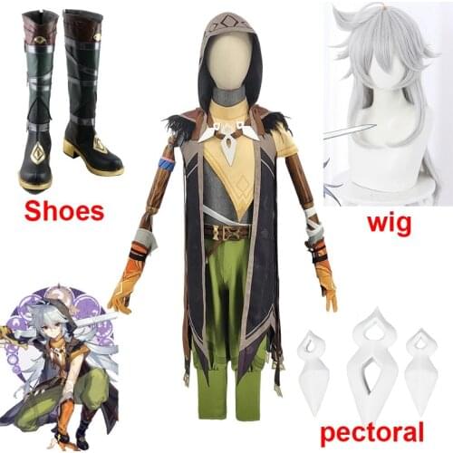 Genshin-Cosplay Costume Boots Halloween Carnival Heat Resistant Synthetic Leather Shoes Long Gray Hair Razors and Hat