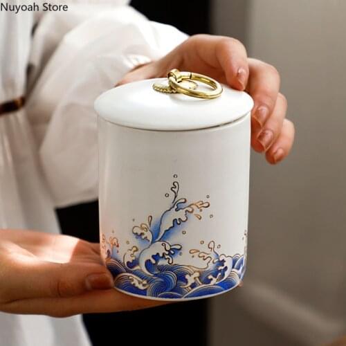 Ceramic Tea Caddy Small Portable Portable Sealed Moisture-proof Storage Jar Household Storage Box Living Room Decoration
