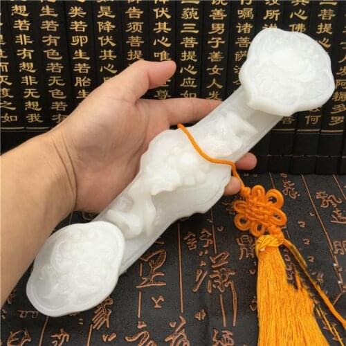 Chinese Hand-carved Natural Jade Han White Jade Ruyi Feng Shui Decoration