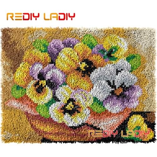 Latch Hook Rug Basket of Pansies DIY Carpet Rug Kits Thick Yarn Cross Stitch Hand Knotted Floor Mat Crochet Lush Cushion Crafts