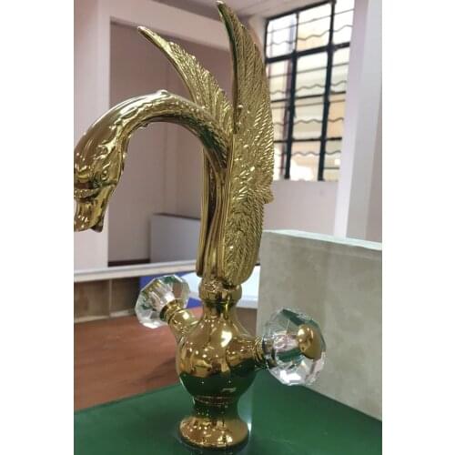 Free ship GOLD PVD single hole Double Crystal Knobs bathroom basin swan faucet mixer tap Deck mounted Luxury tap