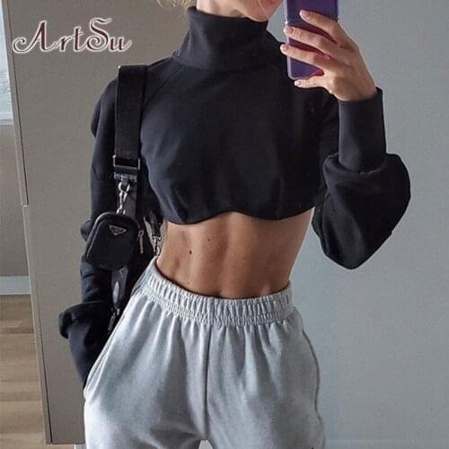 ArtSu Turtleneck Crop Top Y2K Clothes Autumn Gothic Long Sleeve Shirt Streetwear Fashion Slim Tee Sexy Black Women T-shirt Femme