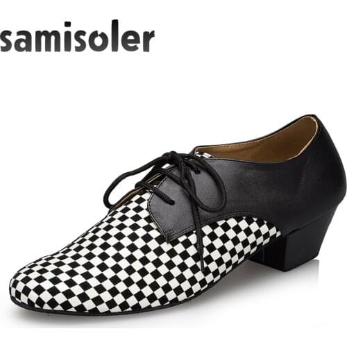 Samisoler Black White Mens Black leather ballroom dance shoes Flats Modern dance shoes Tango Party Wedding Square dance shoes