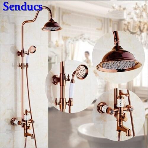 Senducs Jade Stone Bathroom Shower Set Quality Brass Rose Gold Bath Shower System Fashion Design Rose Gold Bathtub Mixer Faucet