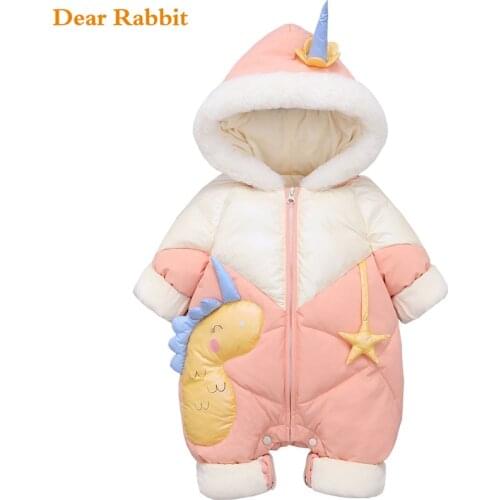 2021 New born Velvet Winter Baby clothes Girl Romper Cartoon Dinosaur Boy Hooded Down Overall kid Coat Toddler Jumpsuit Snowsuit