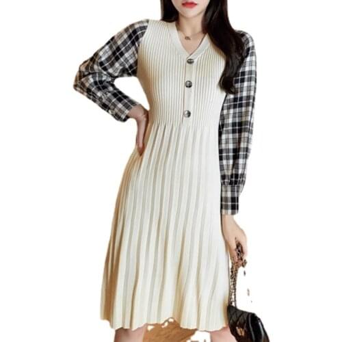Autumn Women Knitted Sweater Dress Retro V-neck Full Lantern Plaid Sleeves Patchwork Pleated Hem Dress