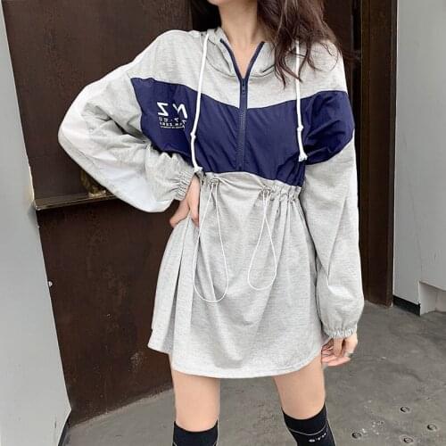 Autumn Patchwork Hoodies Loose Zipper Sweatshirts Ladies Fashion Chic Long Sleeves Hoodies Sweatshirts Women Long Style Tops