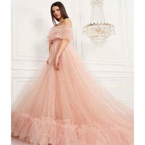 Prom Dresses 2019 Empire A-Line Off the Shoulder Evening Gown Ruffles Floor Length Sweep Train Long Party Dress