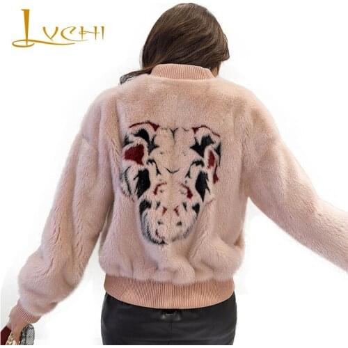LVCHI Winter 2019 Shuba Zipper Mink Fur Coats Womens O-Neck Long Sleeve Pink Pint Causal Cute Causal Streetwear Mink Coats