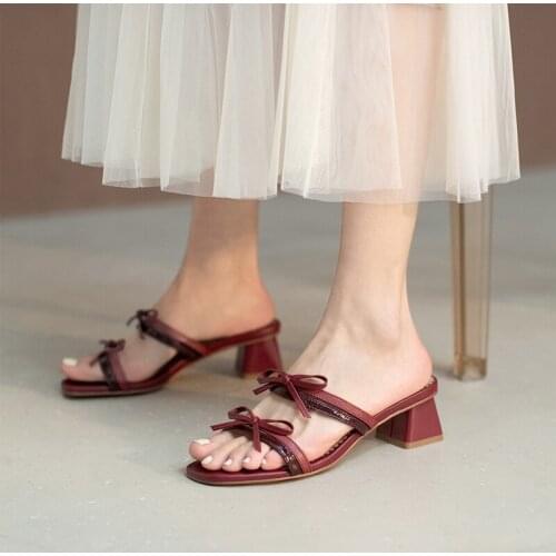 Sweet Fashion Womens Shoes 2021 Summer Female Slippers Med Heels Slippers New Wedding Working Basic Shoes Woman