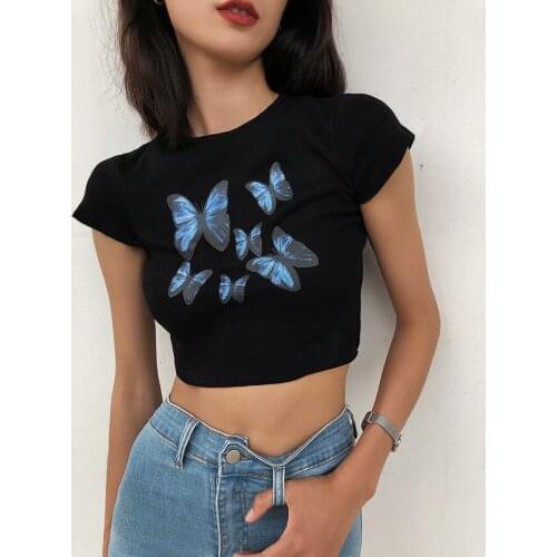 Women Butterfly Printed Short Sleeve Crop Top Summer Fashion Round Neck Wild Slim Soft T-Shirt for Ladies Chic Stylish Wear