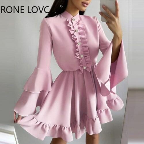 Women Solid Round Neck button Ruffle Hem Long Flared Sleeves Mini Pink Princess Dresses