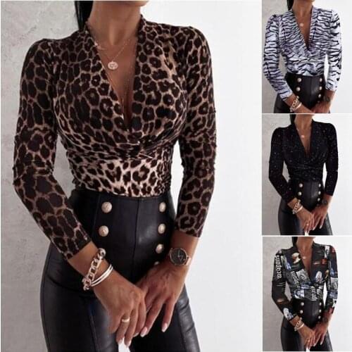 Sexy Deep V-neck Leopard Print Shirt Women Slim Long Sleeve Pullover Blouse Tiger Starry Sky Letter Ladies Office Clothing Tops