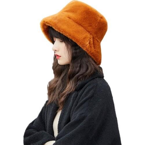 Woman Fisherman hat Autumn Winter Plush Basin Hats Korean Version Monochrome Flat Top Wide Brim Casual Thick Fur Warm Cap