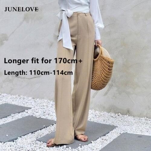 JuneLove 170-175cm Spring Summer Wide Leg Pants Women Elastic High Waist Pants Elegant Office Ladies Khaki Trousers Plus Length