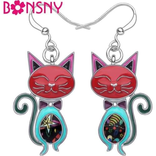 Bonsny Enamel Alloy Elegant Cat Earrings Dangle Stud Fashion Animal Pet Jewelry For Women Girls Teens Gift Charms Decoration