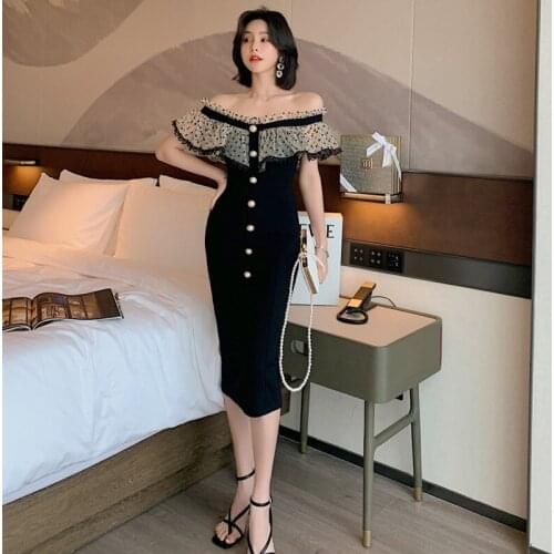 2021 New Summer Slash Neck Elegant Party Dress Ladies Singer Breasted Corset Bodycon Dress Women Ruffle Sheath Sexy Sundress