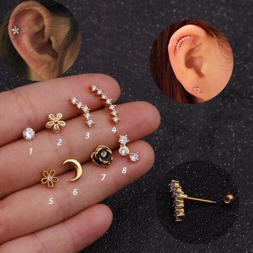 1Pc Flower Moon Long Cz Ear Studs Helix Piercing Cartilage Earring Conch Rook Tragus Stud Ear Piercing Jewelry women accessories