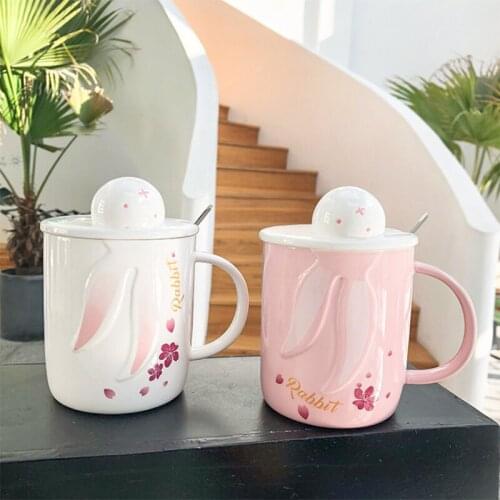 500ml Ceramics cup Cartoon 3D embossed hand-painted Spoon with lid ceramic cup creative cute cup student couple mark cup