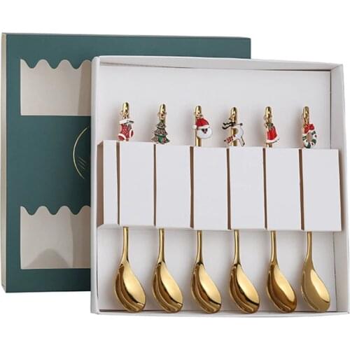 6Pcs Christmas Spoons with Gift Packing Box Christmas Coffee Spoon Dessert Cake Ice Cream Spoons Kitchen Tableware
