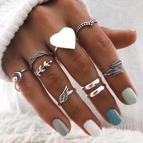 9 pieces/set fashion hollow silver ring ladies pendant crystal geometric love ring bohemian new female jewelry gift
