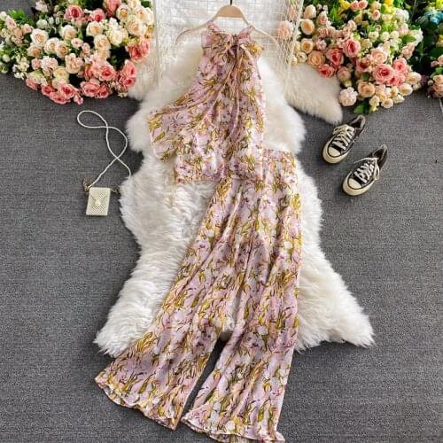 Bohemian Vacation Beach Women Two Piece Set Elegant Halter Sleeveless Chiffon Tops And High Waist Wide Leg Pants Female New 2021