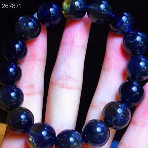 Genuine Natural Blue Iolite Quartz Clear Round Beads Bracelet 13.4mm Blue Iolite Power Cat Eye Women Men Rare AAAAAA