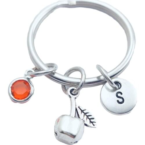 Cherry Fruit Keychains Creative Initial Letter Monogram Birthstone Keyrings Fashion Jewelry Women Gifts Pendants