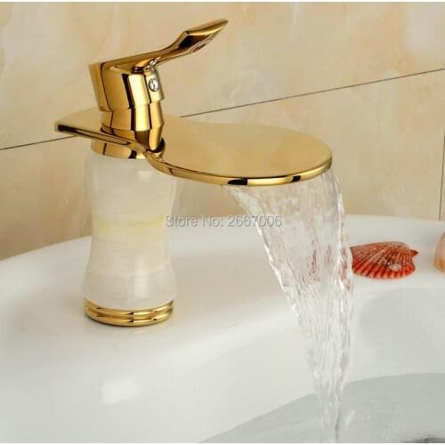 Free Shipping Discount Cheap Waterfall Faucet Gold Plate Basin Tap Marble Stone Mixer Tap Bathroom Faucet Deck Mounted Tap ZR801