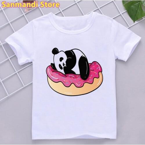Panda Loves Donuts Animal Print Tshirts Girls/Boys Kawaii Kids Clothes White Pink T Shirt Tops For Girls/Boys Children Clothing