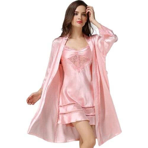 New 100% Silk Satin Solid Women Robe & Gown Sets Womens Bathrobe Sexy Robes with Femme Dressing Nightdress sp0018